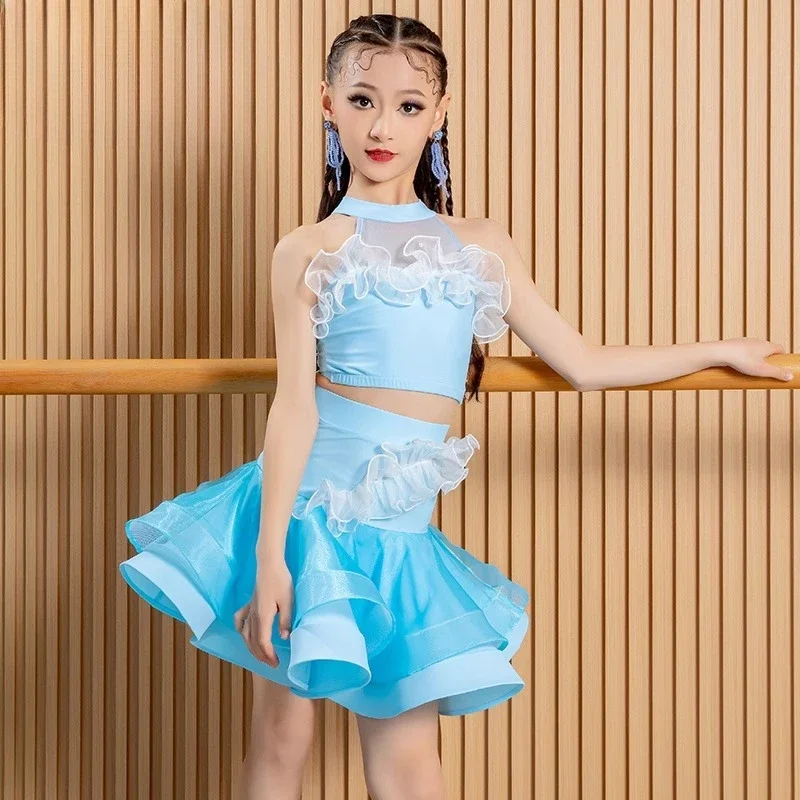 2025 New blue and black Latin dance practice costumes for girls and children, professional and high-end new performance costumes - Image 2