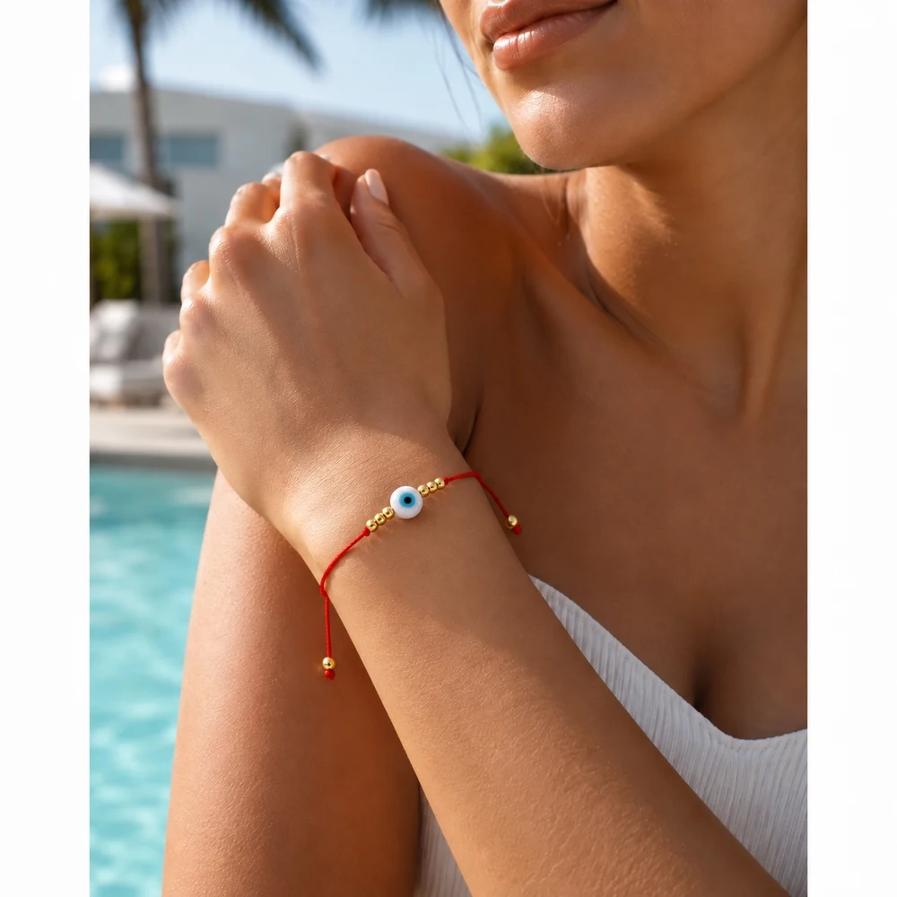1pc Adjustable Lace-Up Red Cord Bracelet with Round Blue and White Eye Glass Bead Trendy Unisex Strand Jewelry