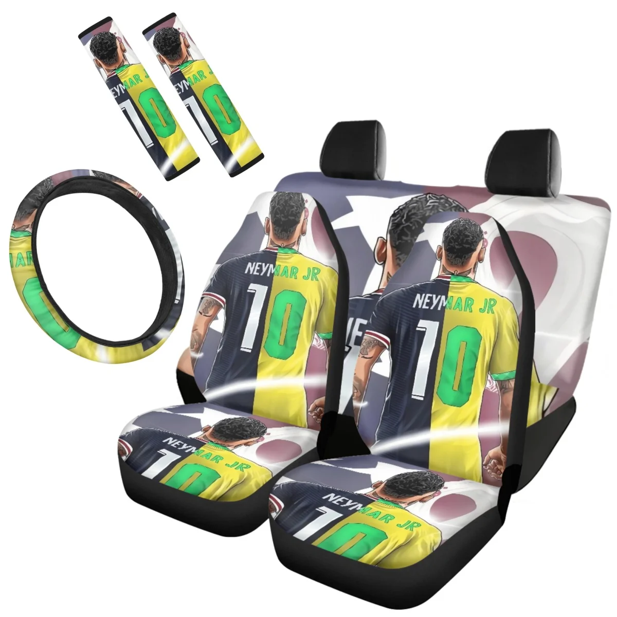 

New Fashion Football Player Ney-mar Pattern 7Pcs Car Seat Belt Steering Wheel Covers Easy Installation Vehicle Clean Protector