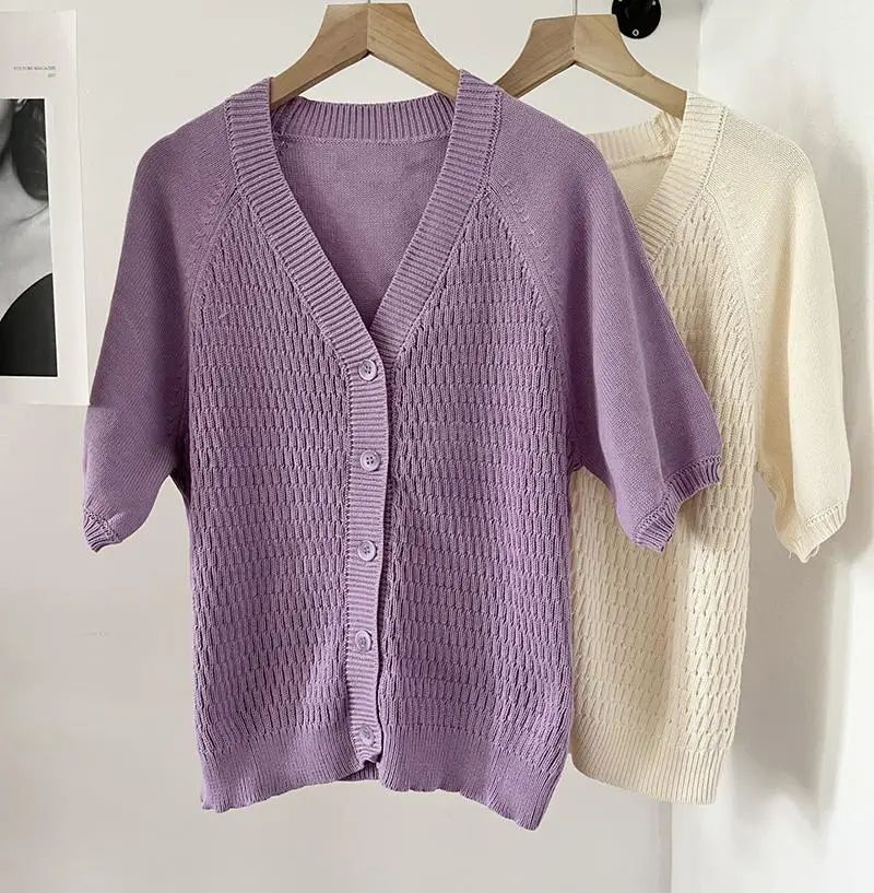 Donegirl neue Frauen Kurzarm V-Ausschnitt Häkeln gestrickt kurze Strickjacke Mantel elegante einfache lässige Tops weiblichen Pullover