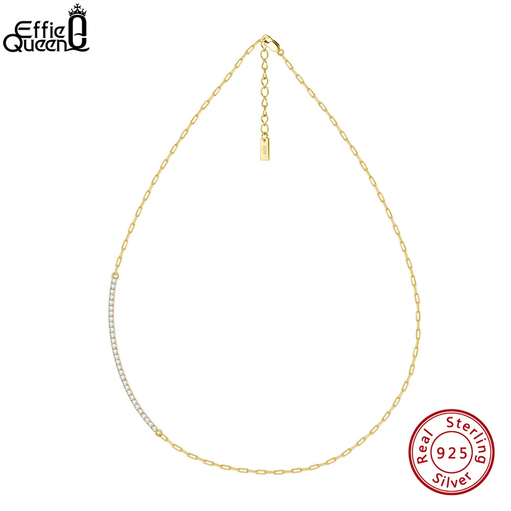 Effie Queen Paperclip Chain Necklace Cubic Zirconia Setting 925 Sterling Silve for Women Wear Chain Necklace Fine Jewelry SC63