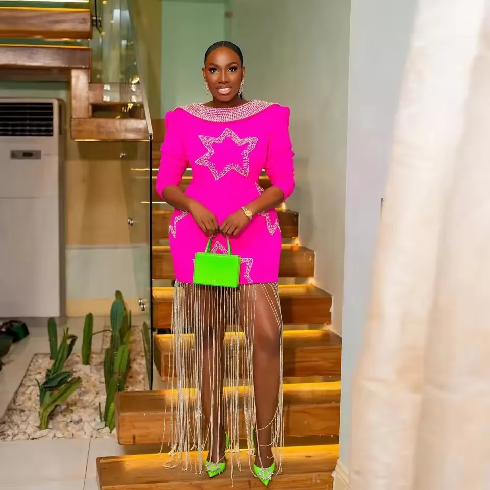 

Glitter Fuchsia Short Women Party Dresses With Beaded Tassel Sparkle Crystal Star Shape Mini Maxi Dress