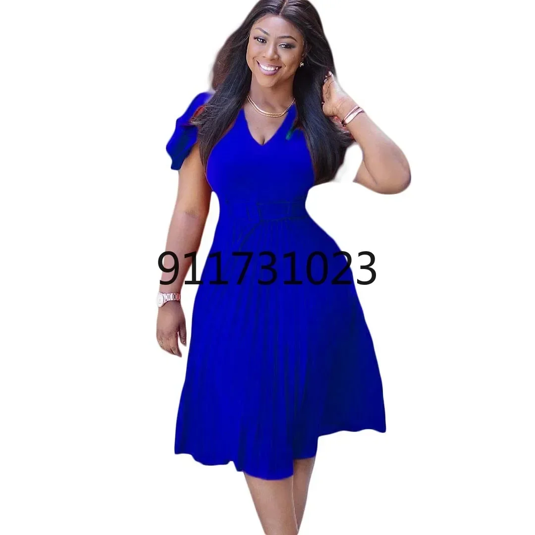 Summer African Dresses for Women 2023 New African Women V-neck Short Sleeve Solid Color Dress African Clothes Women