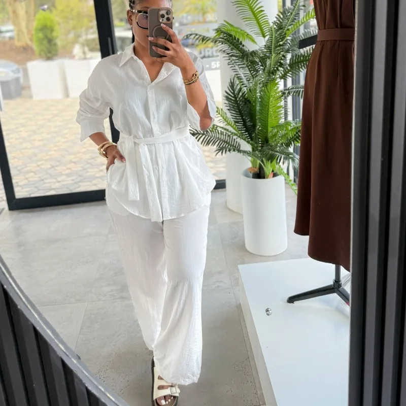 Women Solid Textured 2 Piece Outfit Long Sleeve Tie Waist Shirt Wide Leg Pants African Elegant Daily Office Casual Matching Set