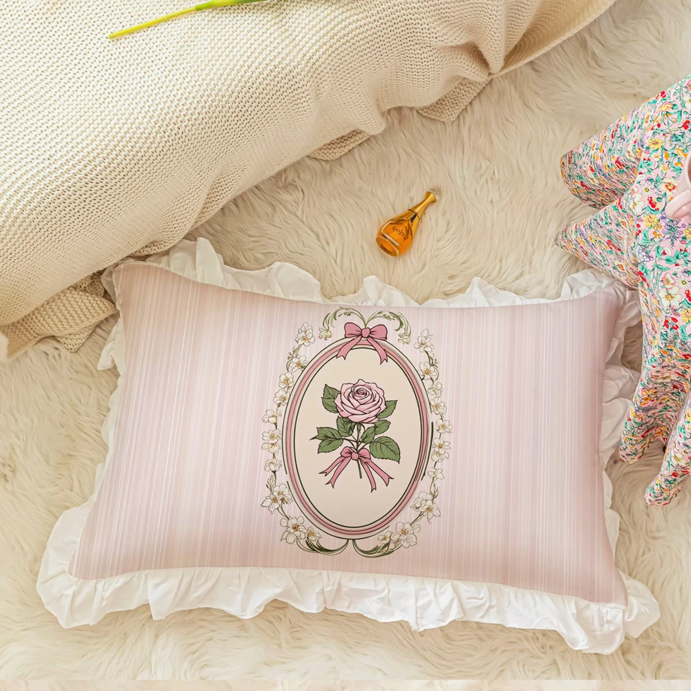 Korean Style Sweet Pillow Girl's Heart Rose Ruffled Washed Cotton Pillow Core Home Decoration Bed Sofa Pillowcase Romantic Style