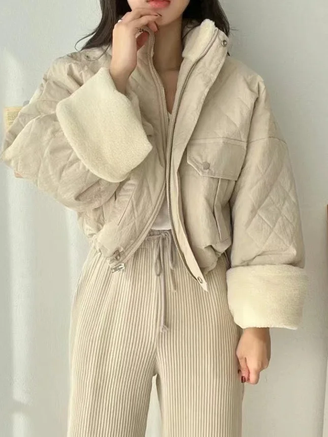 شيك الخريف الشتاء الدافئة لامب المخملية القطن Jaet المرأة فضفاضة شخصية طوق ort تصميم مكافحة الشيخوخة الملابس القطنية