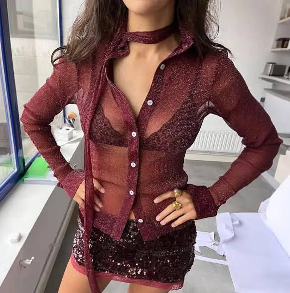 

Woman Blouse 2026 Spring Autumn New Solid Color Turn-Down Collar Ribbon Decor Perspective Long Sleeve Casual Slim Daily Shirt