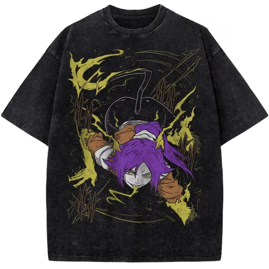Zaraki Kenpachi BLEACH Graphic T‑shirt Unisex Oversized Short Sleeve Washed Retro Daily Wear Cotton Streetwear Tops