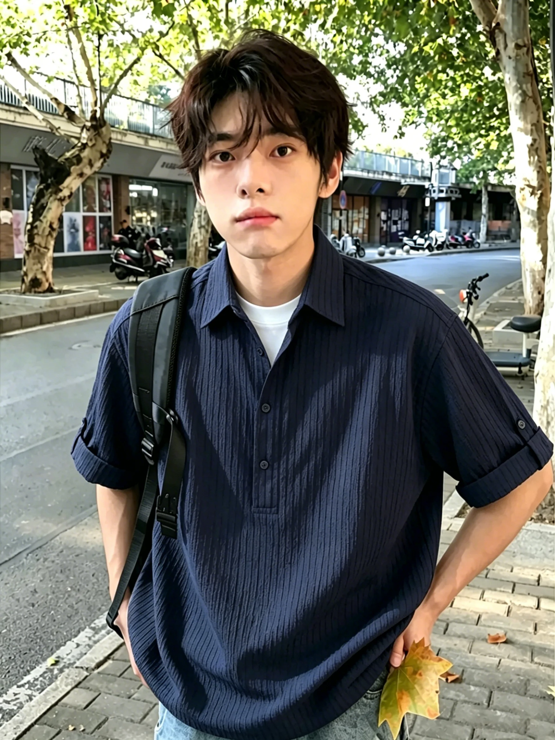 Blue Striped Short Sleeve Shirt Lightweight Summer Sun Protection Waist Cinching Outerwear Casual Style Polyester Blend Men's...