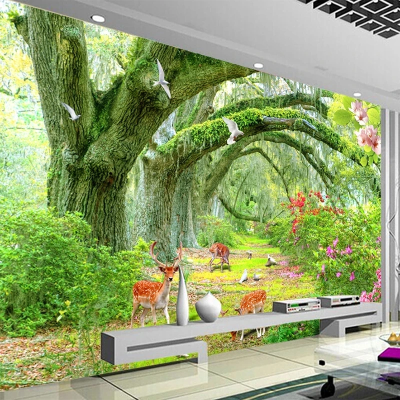 Customized Wallpaper 3D Green Forest Tree Animal deer mural woods elk Living room TV background bedroom restaurant wall fabric