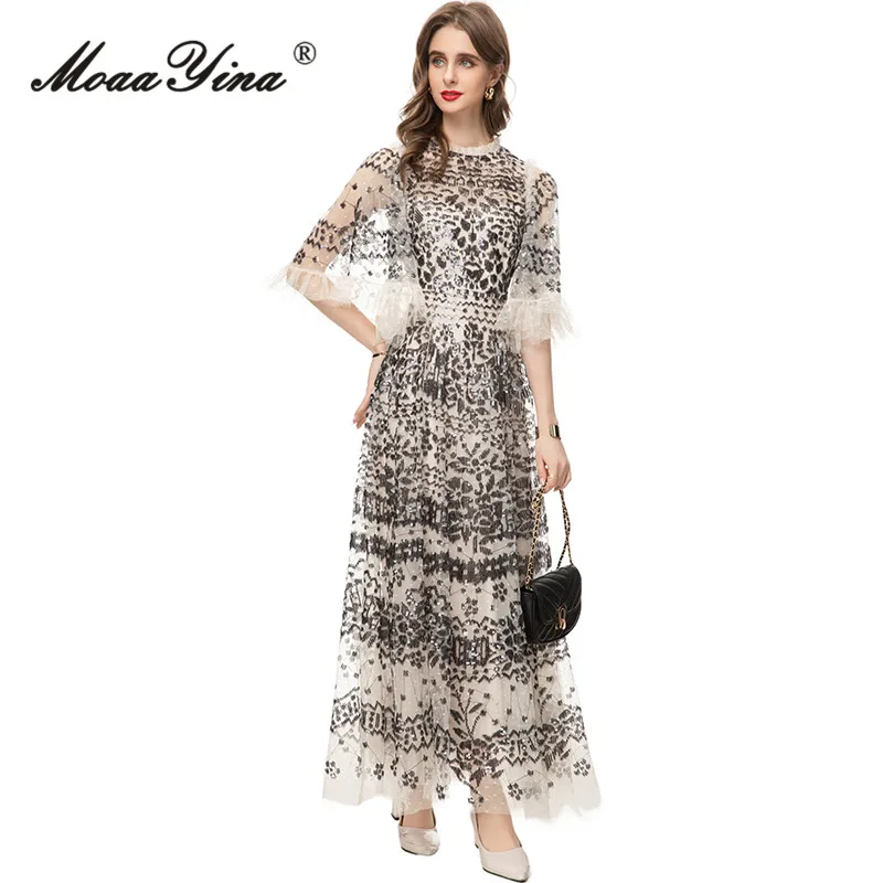 MoaaYina Spring Fashion Designer Vintage Mesh Party Dress Women\'s O Neck Half Sleeve Ruffles Sequins High Waist Slim Long Dress