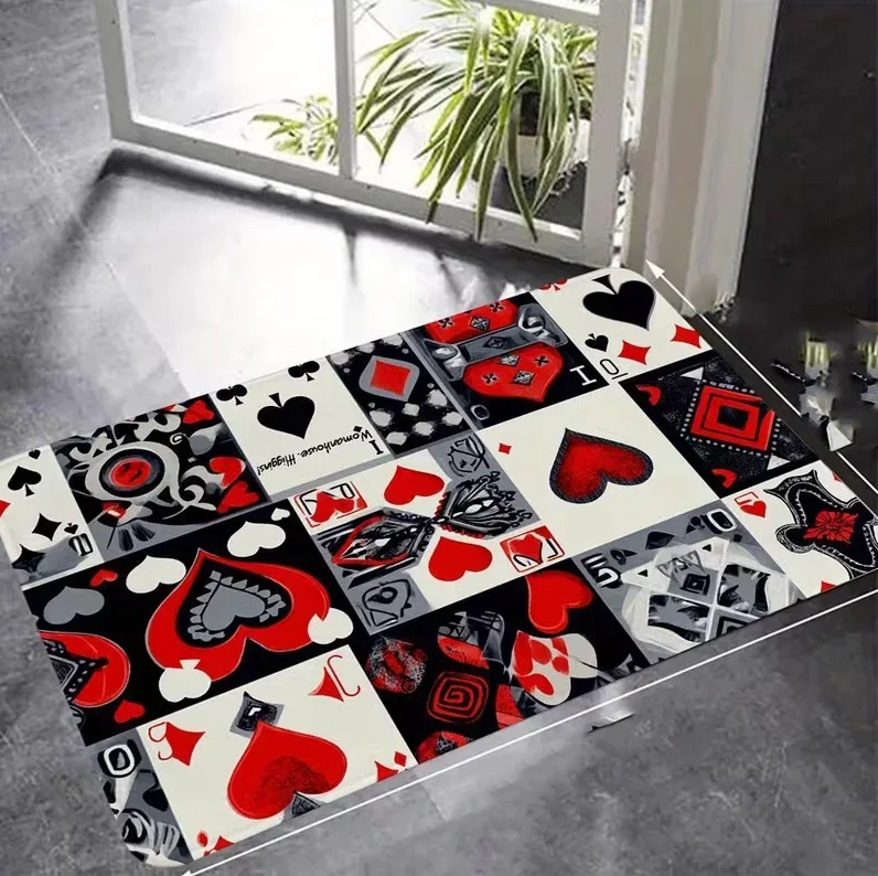Poker Themed Floor Mat with Spades and Red Heart Black and Red Color Scheme Suitable for Poker Nights and Game Room Carpets