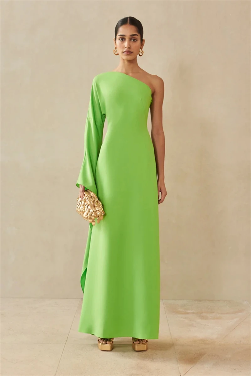 SUMNUS Elegant Green Stretch Satin Mermaid Evening Dresses One Shoulder Flare Sleeve Arabic Women Prom Gowns Formal Dress 2024