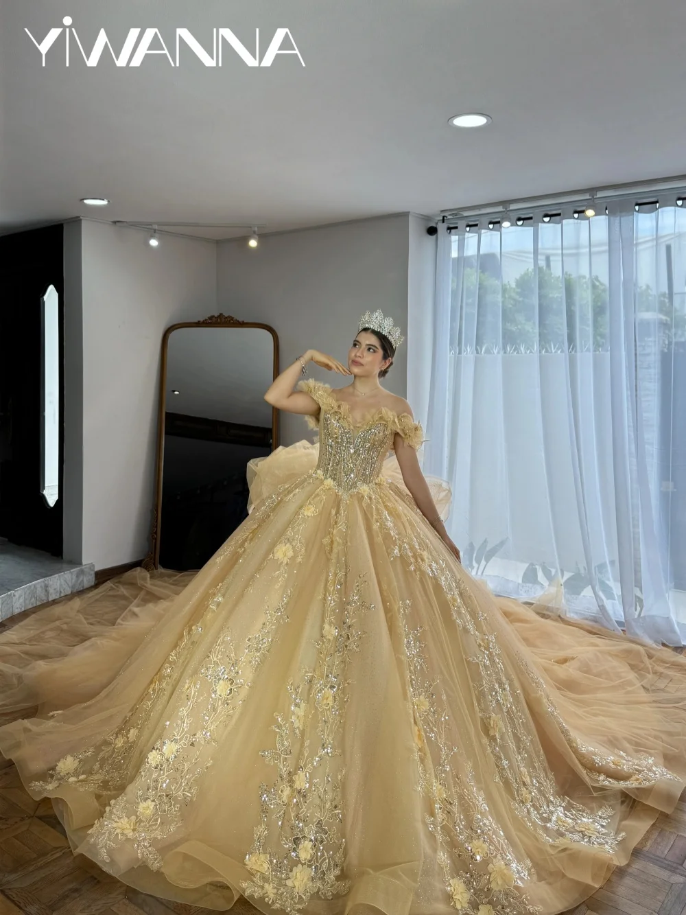 

Champagne Gold Quinceanera Dress Off Shoulder Ball Gown with 3D Floral Sequin Beading Sweet 16 Formal Prom Dress Customized