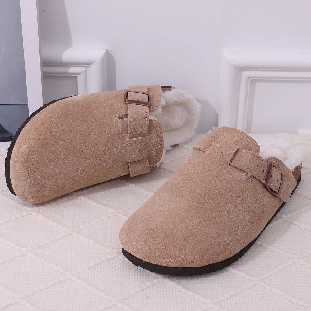 Shevalues Women Clogs Cork Footbed Fuzzy Slippers Winter Warm Plush Mules With Arch Support Outdoor Fashion Non-slip Potato Shoe