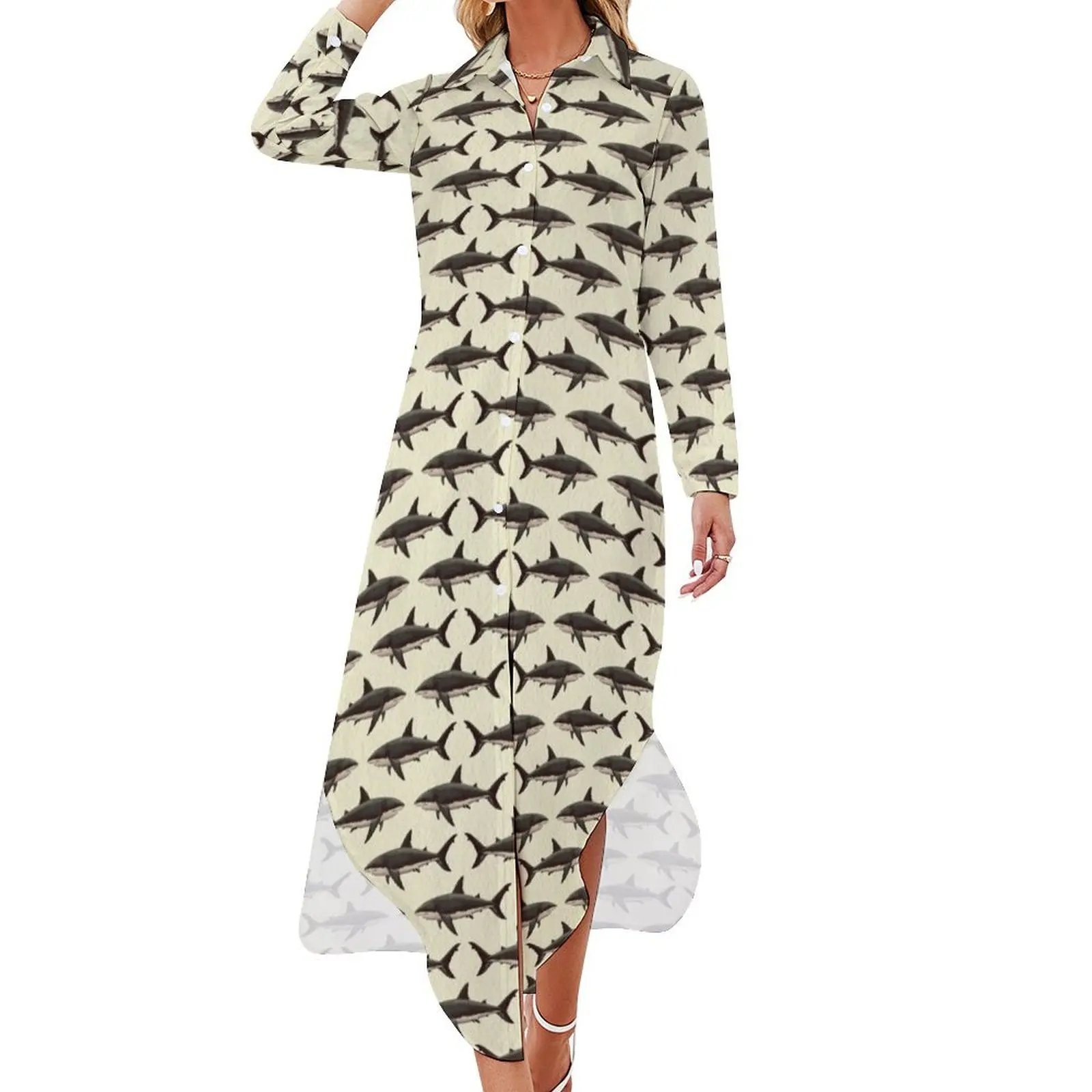 

Pattern: Great White Shark ~ (Vintage Version) ~ by Amber Marine  2015 Long Sleeved Shirt Dress long dress women