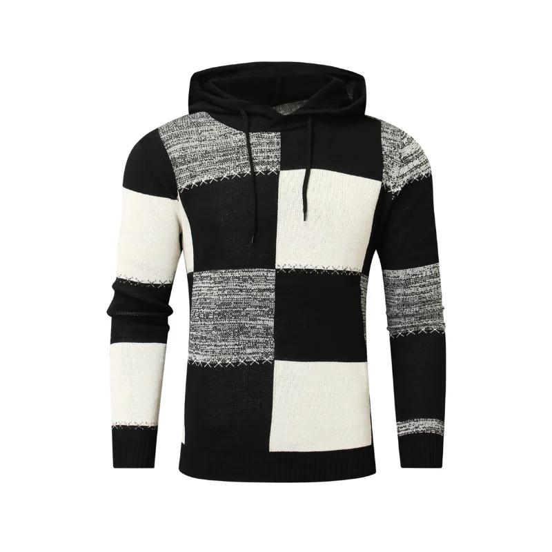 Slavinson Men's  New in Hoodies & Sweatshirts- Color Block Checkered Sweatshirt with Drawstring Hood