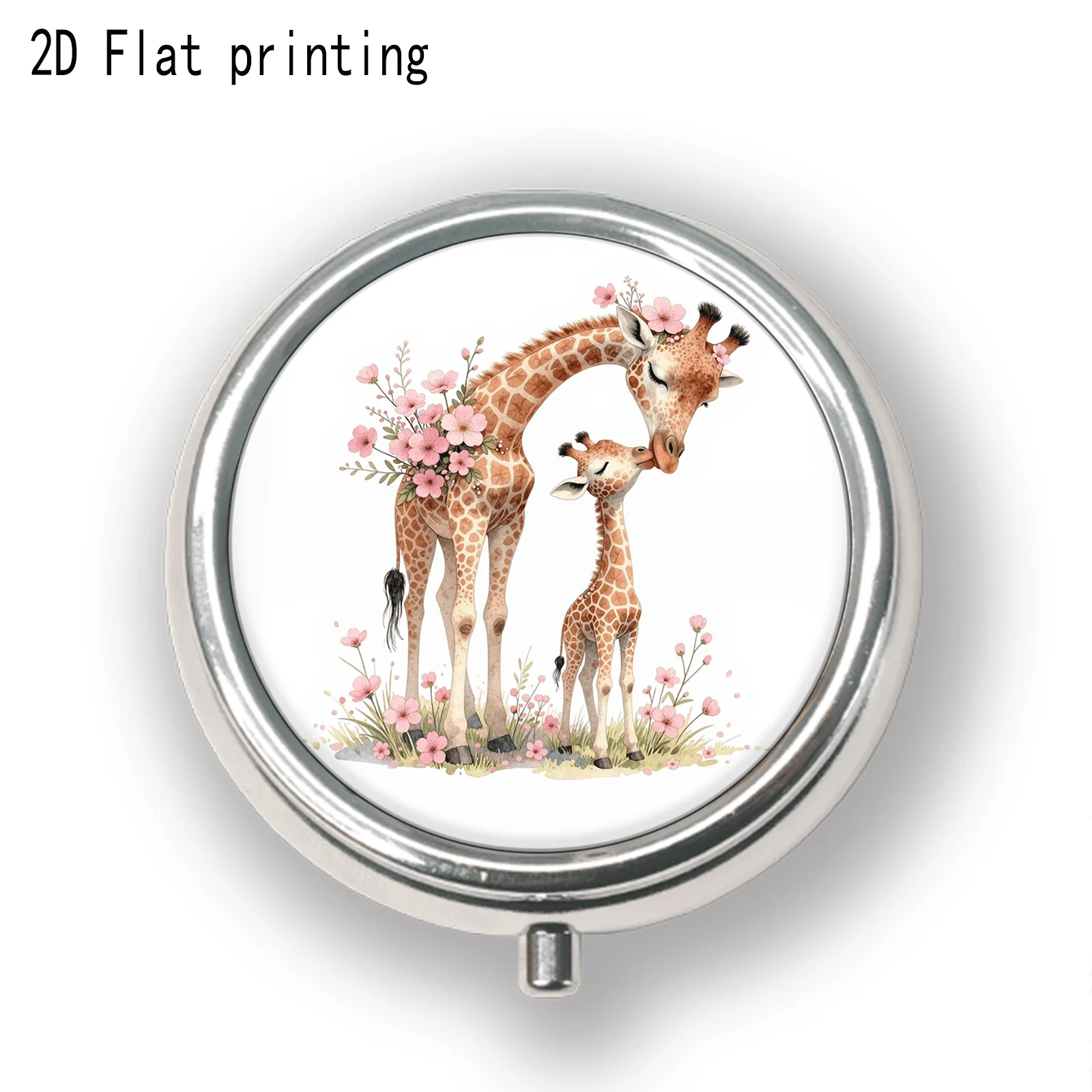 A Compact Round Pill Box with Three Compartments, Decorated with Warm-Toned Watercolor Giraffes and Cherry Blossom Designs, Can Be Used as a Portable Medicine Organizer, a Small Jewelry Storage Box, Suitable for Placing in Pockets, Handbags, or for Travel, and Can Also Be Used as a Holiday Gift or Souvenir.