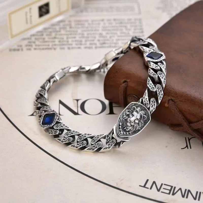 Men Retro Arabic Style Lion Bracelet With Square Blue Zircon, Vine Texture Fashion Personality Wrist Jewelry