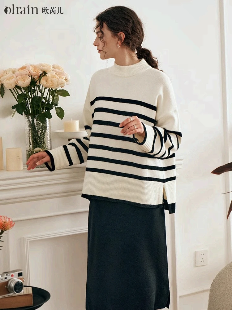 

OLrain French Casual Striped Sweater Women's Autumn Winter 2025 New Loose Thin Jumper Simple Classic Pullovers Female O23DM66651