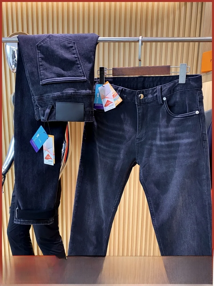 

High-End Fce-Lined Thi Straight Leg Stretchy Men's Jeans Windproof Warm Autumn Winter Premium Denim Casual Youth Sle
