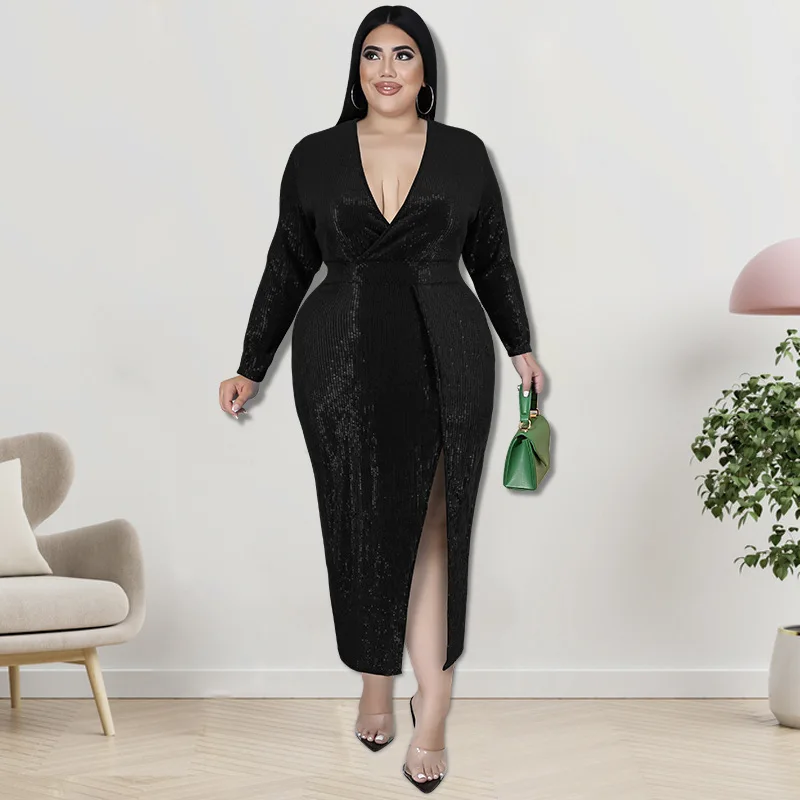 Plus Size Sequins Party Dress Female V Neck Split Luxury Prom 2023 Autumn Winter Midi Evening Cloth Elegant Pretty Women Dress