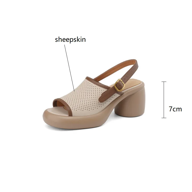 Sheepskin Summer Sandals Open Toe Hollow Out High Heel Sandals for Women Platform Shoes Chunky Heel Shoes Fish Billed Sandals