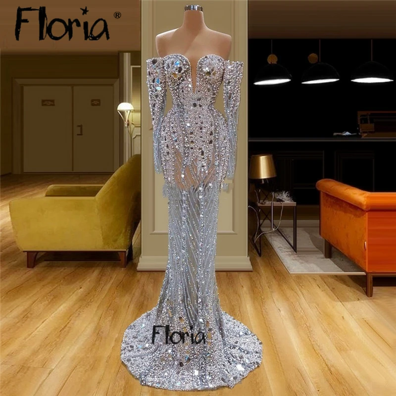 

Illusion Full Beads Evening Dress Dubai Handmade Customized Formal Prom Party Gown Sparkly Vestido De Noiva Long Celebrity Dress