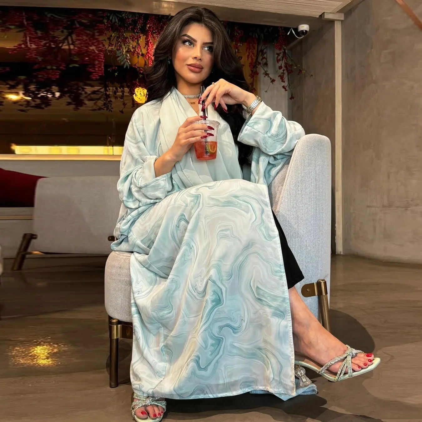 

Mq199 Modest Fashion Abaya Cardigan Robe with Headscarf Chiffon Print Coat Dubai Robe Abaya Ramadan Dubai Luxury Islam Elegant