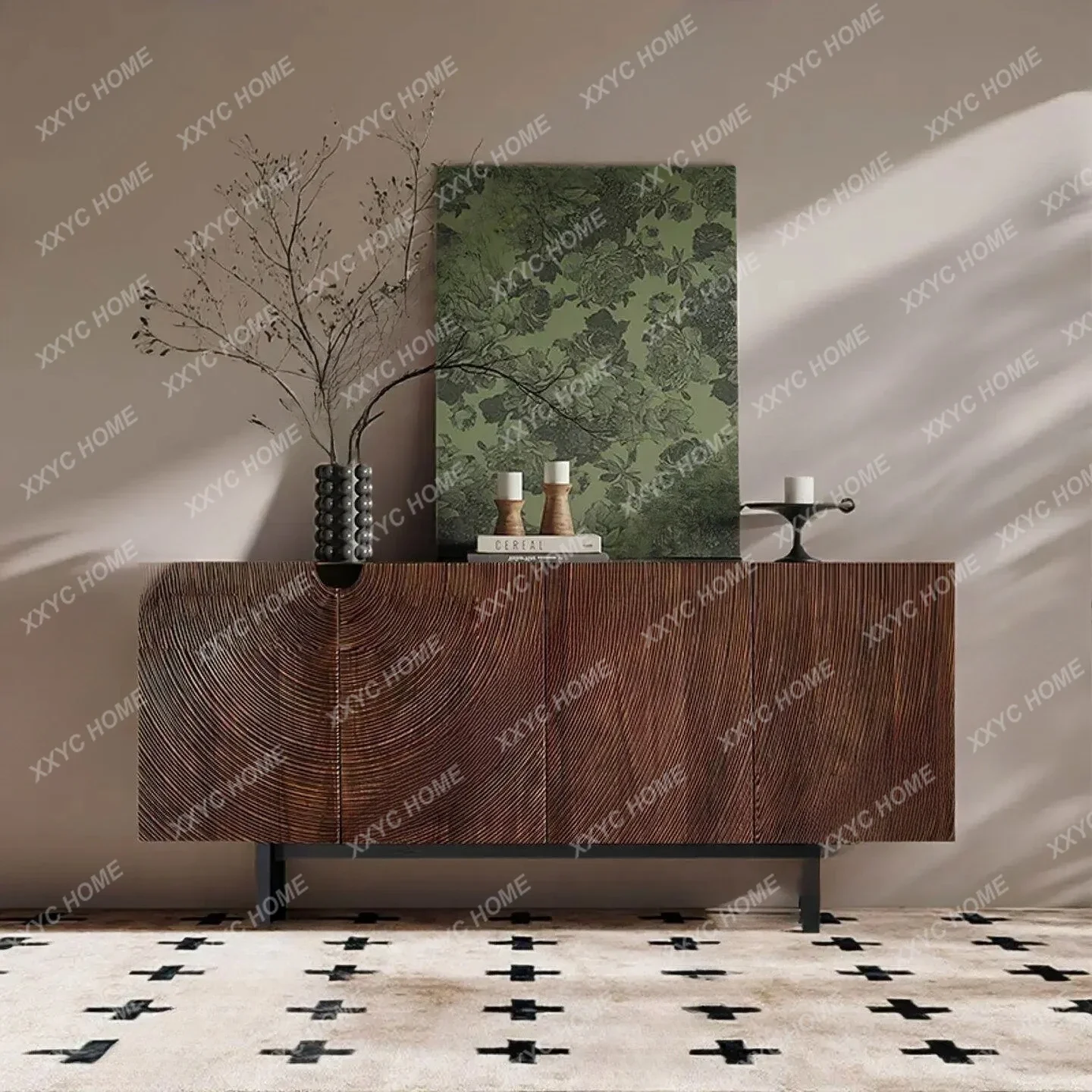 L  Black Walnut Dining Side Cabinet Entry Porch Cabinet Solid Wood Carving Living Room Storage New Models