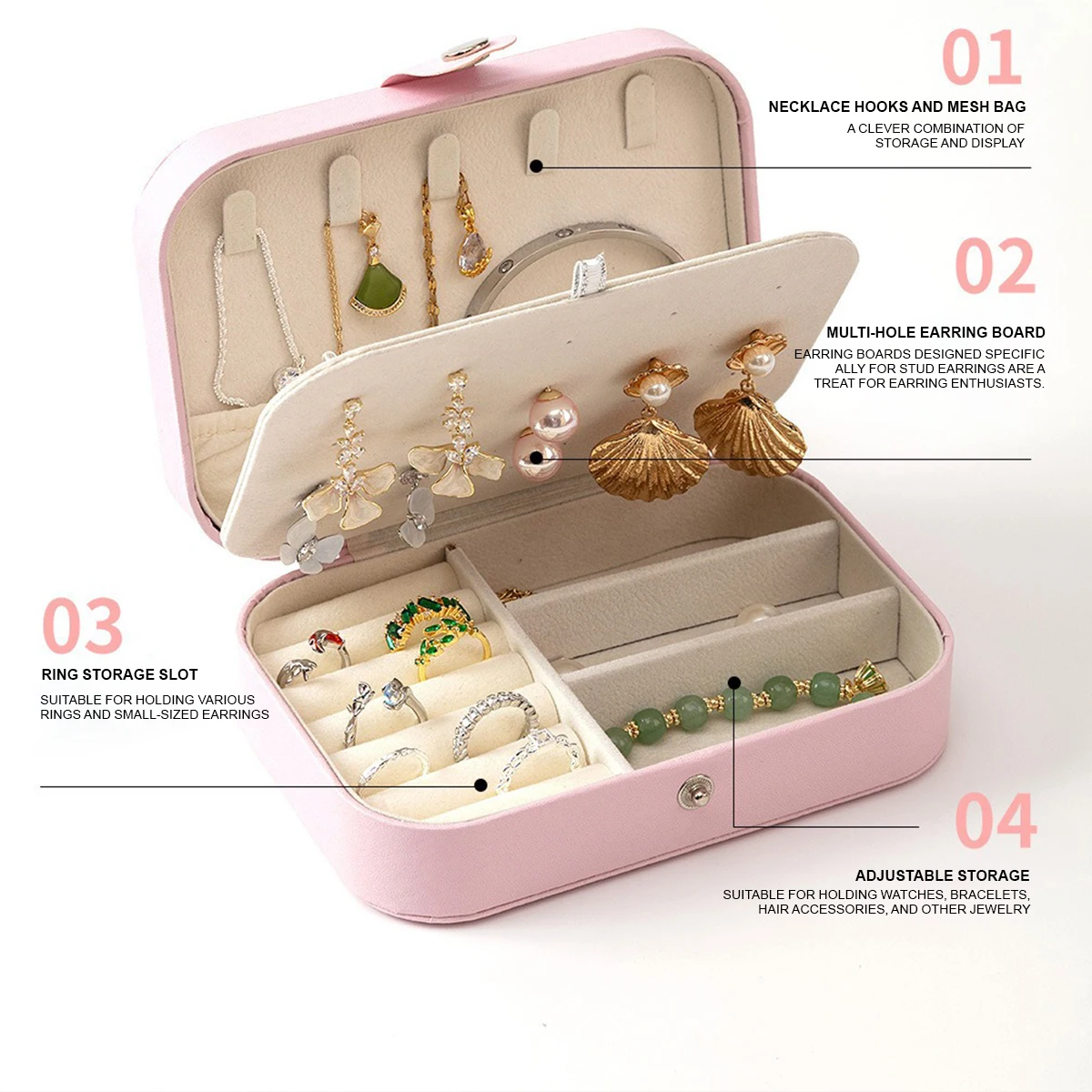 New Portable Multi-Compartment Jewelry Box with Velvet Lining - Travel-Friendly Pink Jewelry Organizer for Accessories - view 5