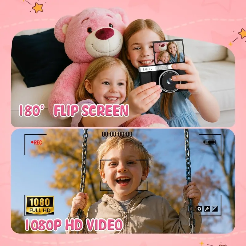 กล้องดิจิตอลสำหรับเด็ก FHD 1080P กล้องดิจิตอลแบบพลิกได้ 180 องศา °   หน้าจอพร้อมรองรับกล้องเซลฟี่วิดีโอ, กล้องคอมแพ็คพร้อมแฟลช