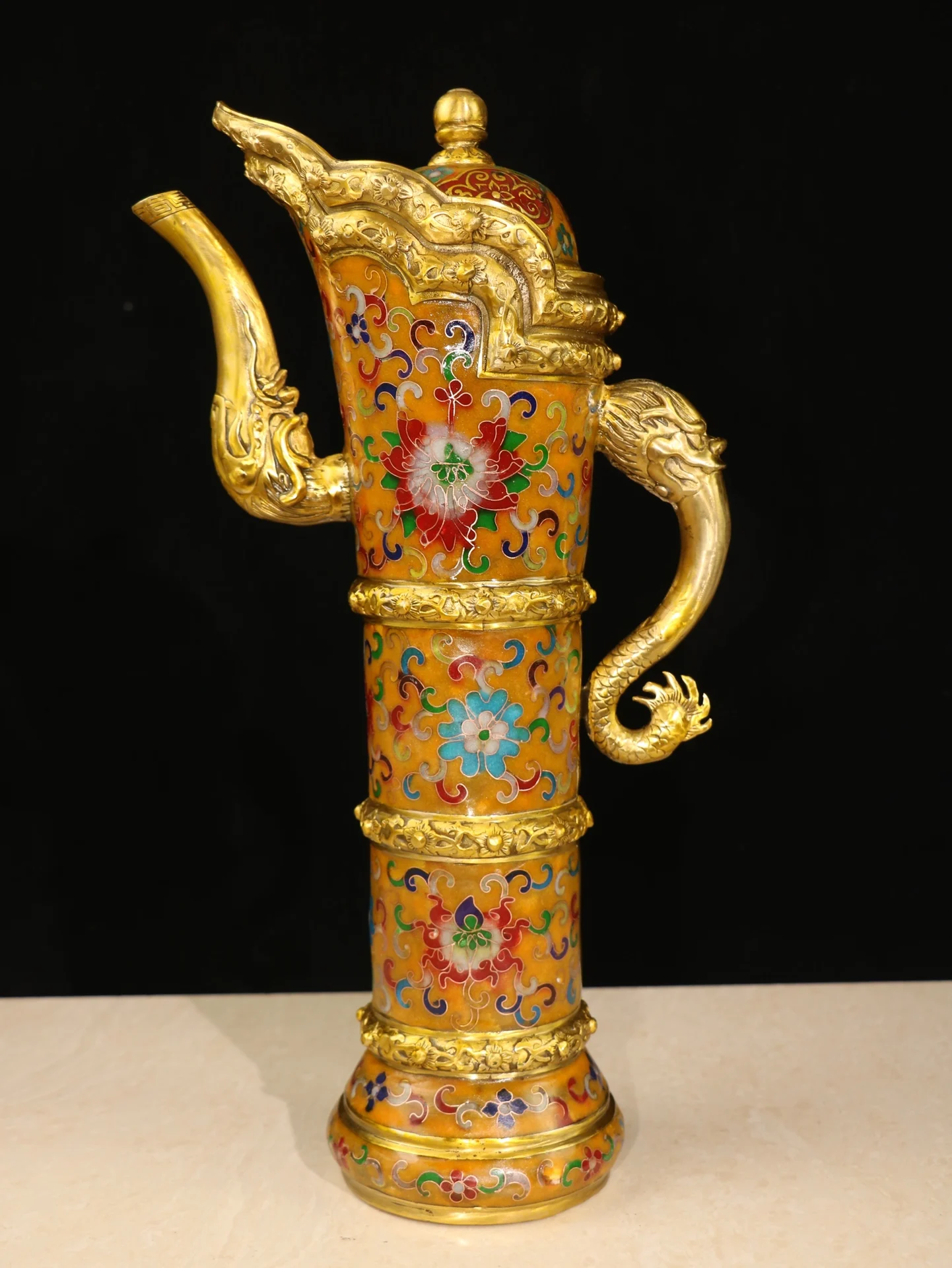 

15"Tibetan Temple Collection Old Bronze Cloisonne Dragon Texture Dragon handle Kettle Flagon hidden pot Ornament Town House