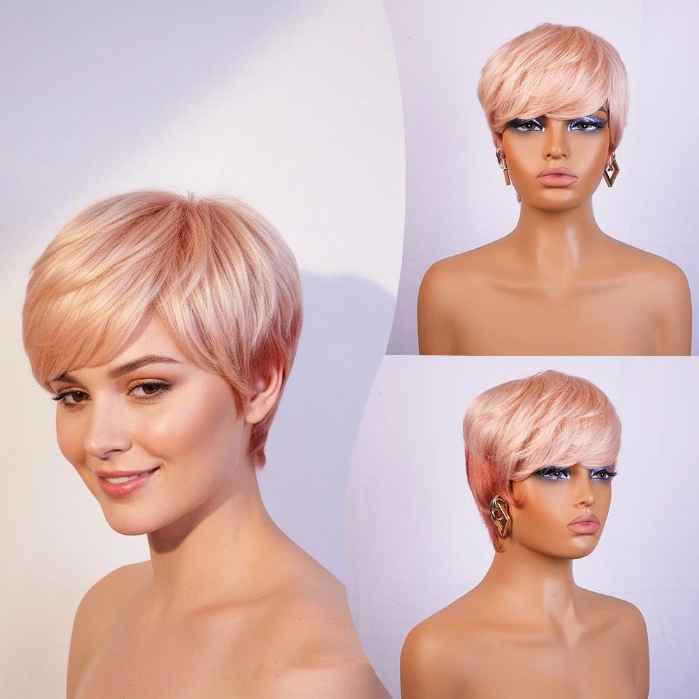 핑크 옴브레 숏 픽시컷 가발, 여성용 프리플럭 뱅이 있는 스트레이트 인모 가발, 기계식 캡 브라질리언 레미 헤어 가발