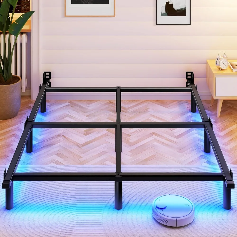 إطار سرير معدني بحجم كوين مع إضاءة LED، طراز أساسي 7 بوصة، دعم قوي 9 أرجل لربيع الصندوق والمرتبة، تشغيل هادئ