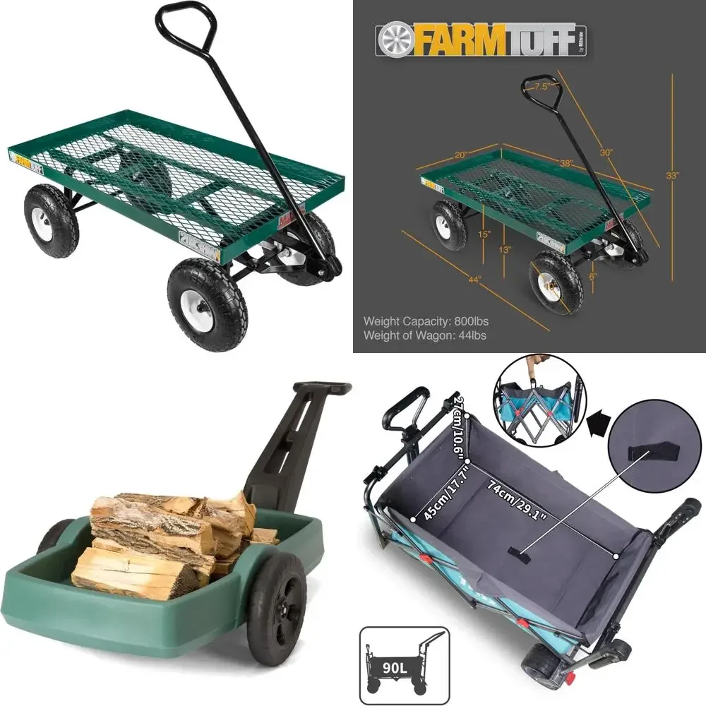 

Sturdy Metal Deck Outdoor Garden Wagon with Air-Filled Tires for Heavy Lifting, Green, 20 by 38 Inches