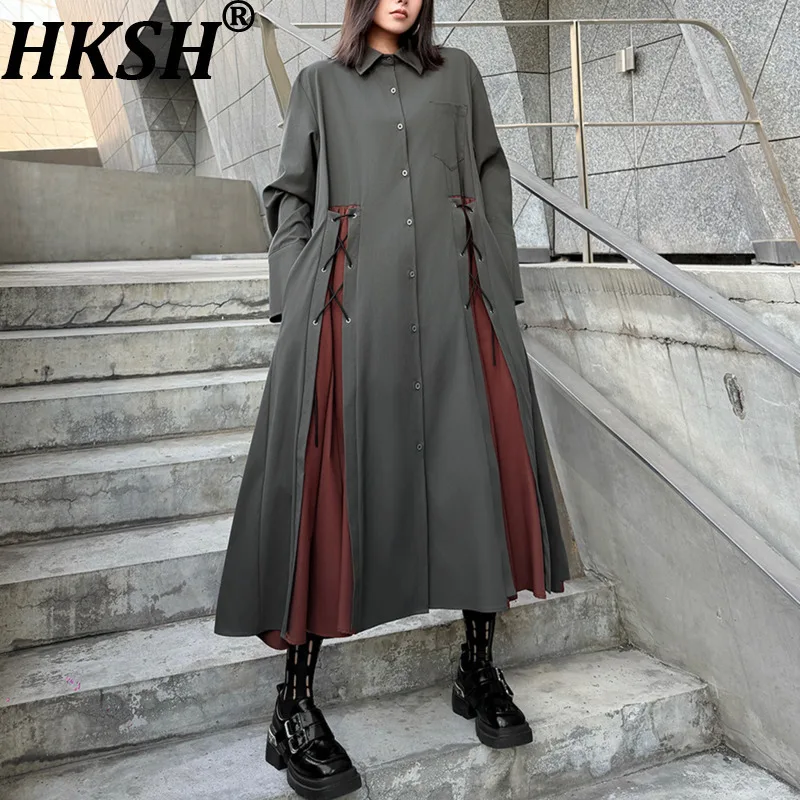 Sukienka koszulowa damska HKSH na wiosnę i jesień, blok kolorów, zapinana na guziki, długi rękaw, elegancka, modna, codzienna, oversize, model HK17317