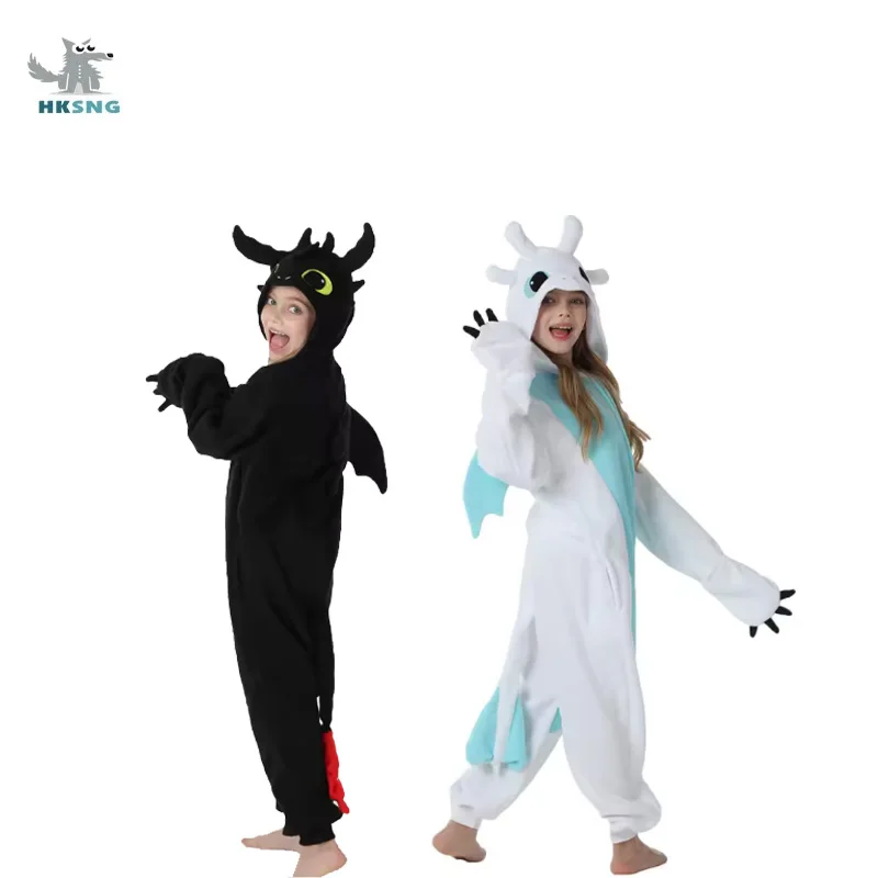 Pijama de mono de dragón sin dientes, mono de unicornio Kigurumi, Pijamas de animales, Cosplay de Halloween para niños y niñas con zapatilla, color blanco y negro