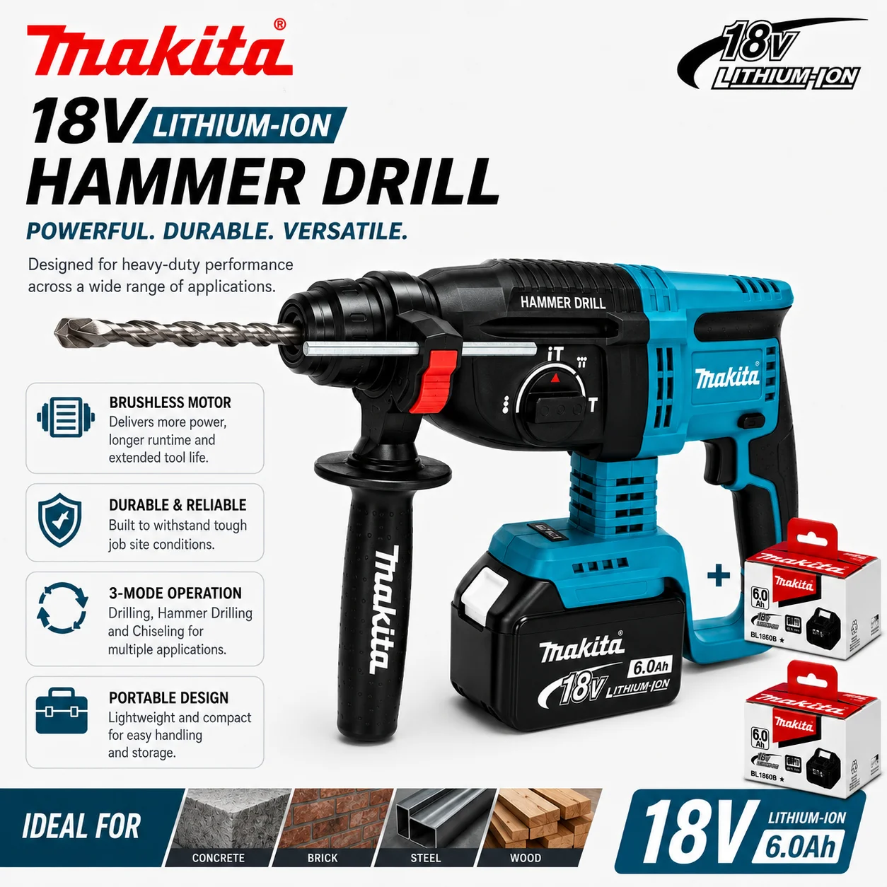 Für Makita DHR242 18V LXT bürstenloser Akku-Bohrhammer, 3-Modus-SDS-Plus-Elektrowerkzeug zum Bohren, Hammerbohren und Meißeln in Beton, Mauerwerk, Stahl und Holz.