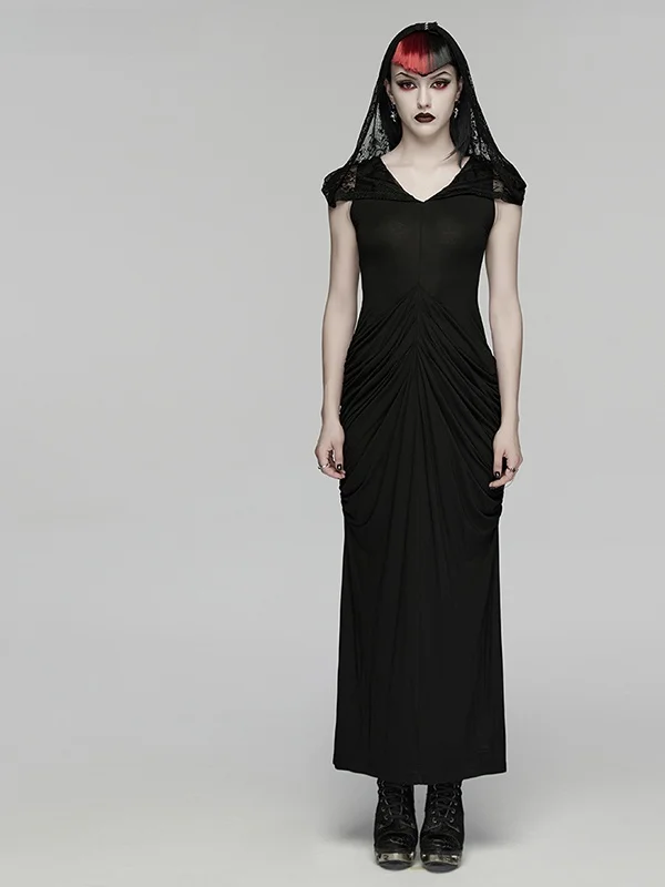 

Dark Style Deep V-neck Lace Sleeve Waist-cinching Long Dress Women's Slimming Bodycon Skirt Black Cotton Polyester Spring 2026