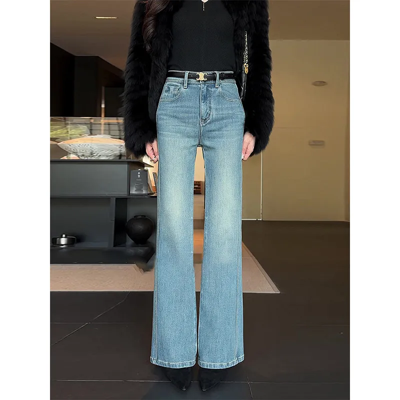 

Женские джинсы с высокой талией, прямые, с расклешением от колена, синие, из денима, весенняя новинка, модные, премиум-класса