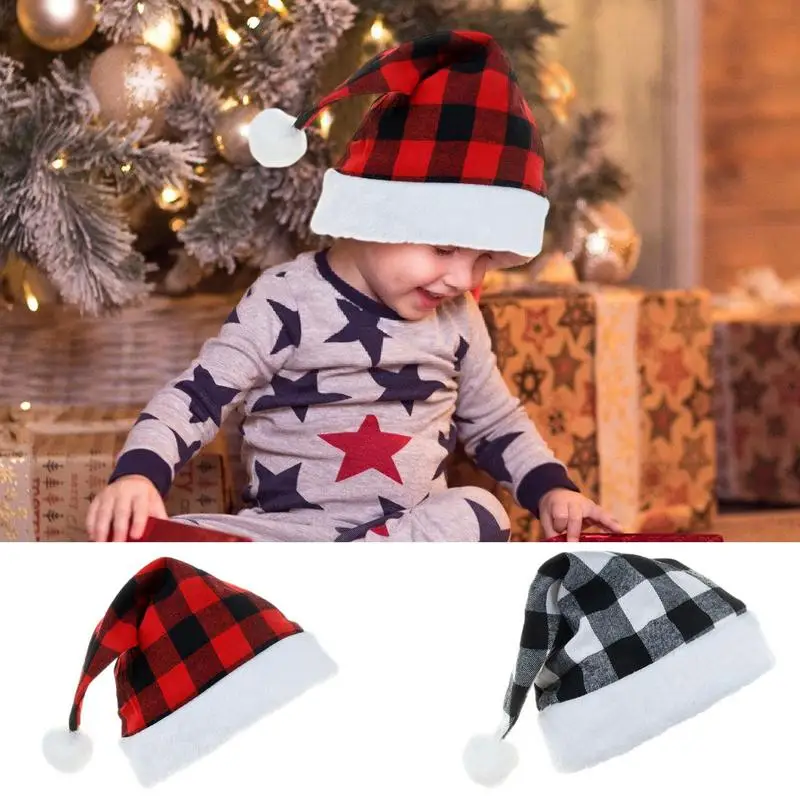 Chapeau de Père Noël à carreaux en peluche, chapeau de Noël unisexe confortable, chapeau décoratif pour femmes, hommes, adultes, enfants