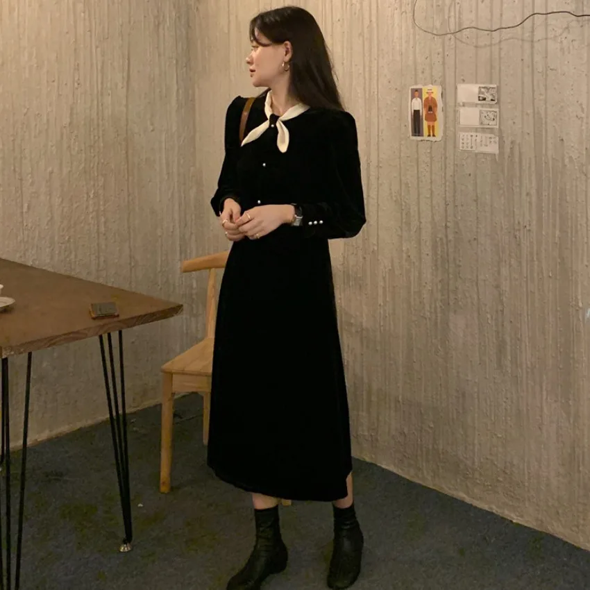 Ele terciopelo cintura acanchamiento nudo Dr Hepburn Sle coreano Faion primavera Otoño Invierno ropa Casual para mujeres