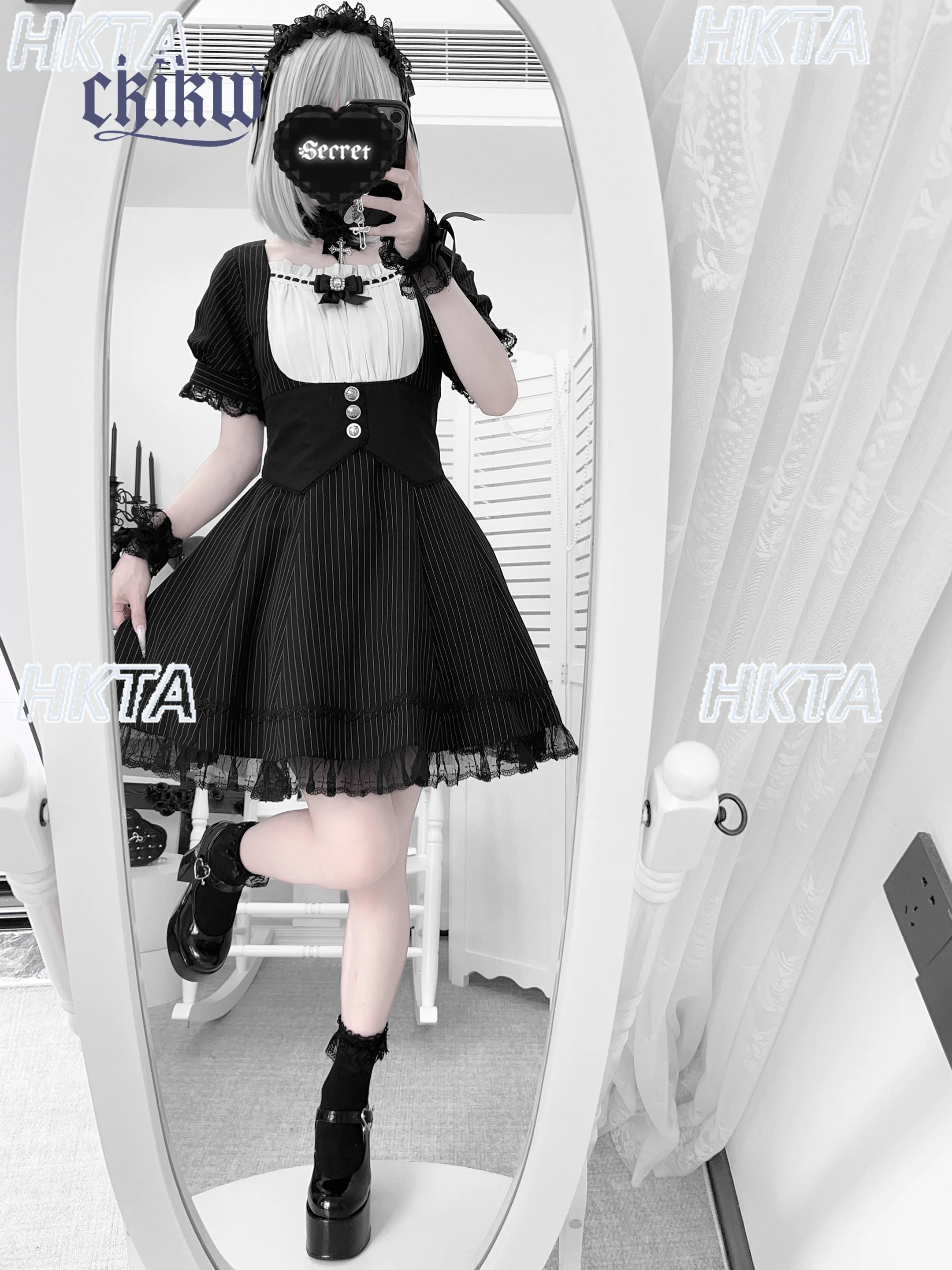 일본 서브컬쳐 버블 반팔 스퀘어넥 하이웨이스트 레이스 스티치 로리타 드레스 여성용 스윗 보우 블랙 앤 화이트 드레스