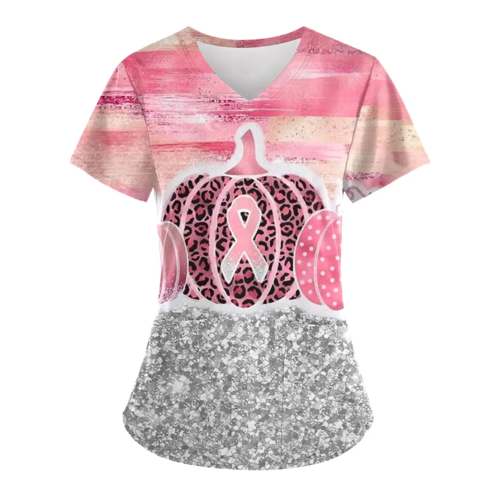 Wholesalers Clinical Uniform Pink Ribbon Print V-Neck Health Care Nurse Tops with Pockets Short Sleeve Surgical Uniforms Woman