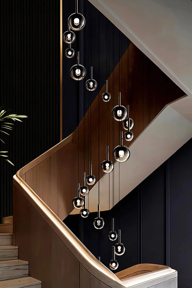 

Postmodern Design Black Murano Bubble Ball glass chandelier lustre Ceiling Dimmable Double Spiral Staircase Design living room