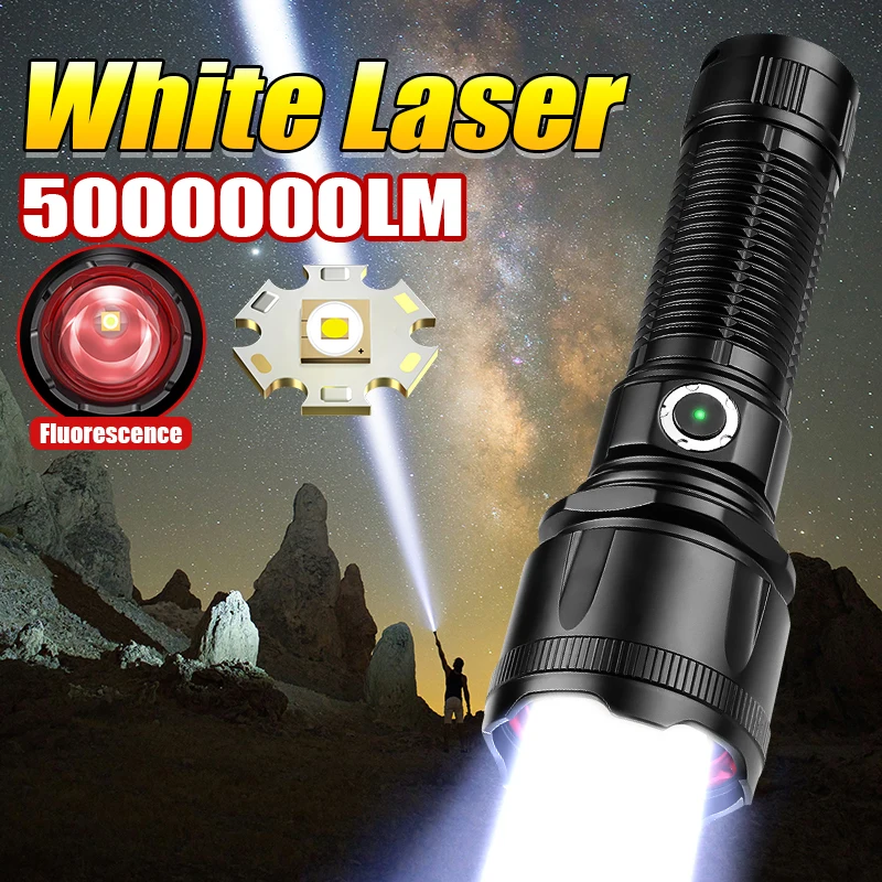 White Laser Flashlight 5000000LM Fluorescent Light Powerful Torch Zoomable Flash Light Wide Range Camping Light Tactical Lantern