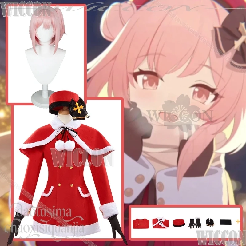 sumi-serina-cosplay-anime-game-blue-archive-kawaii-christmas-red-furry-mini-dress-hat-lolita-pink-wig-halloween-navidad-carnaval
