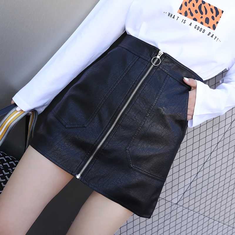 

Zipper PU Leather Skirts Women's Clothing Spring Autumn Black High Waist Thin Matte A-line Frosted Net Red Short Skirts jp256