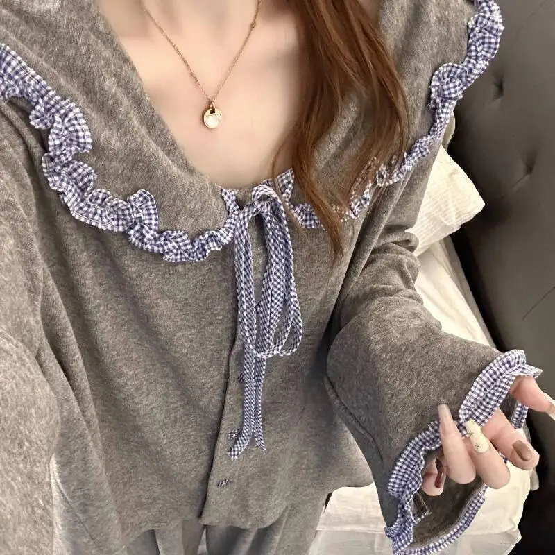 

French Style Minimalist Women's Ruffled Sleepwear for Spring Autumn Fashionable Spicy Girl's Home Outfit Set Sweet Cute and Soft